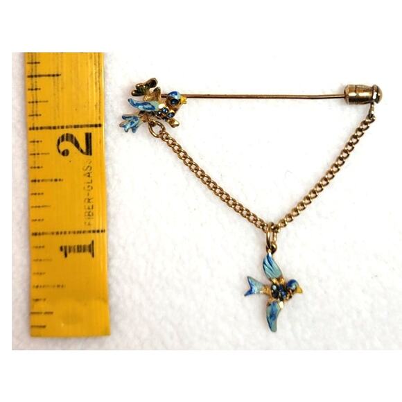 VTG Art Nouveau Style Bluebird of Happiness Stick Lapel Pin Brooch Dangle Charm - Picture 5 of 7